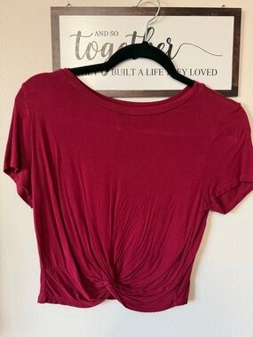 gaze Knot-Front Short Sleeve Crop Top - Burgundy